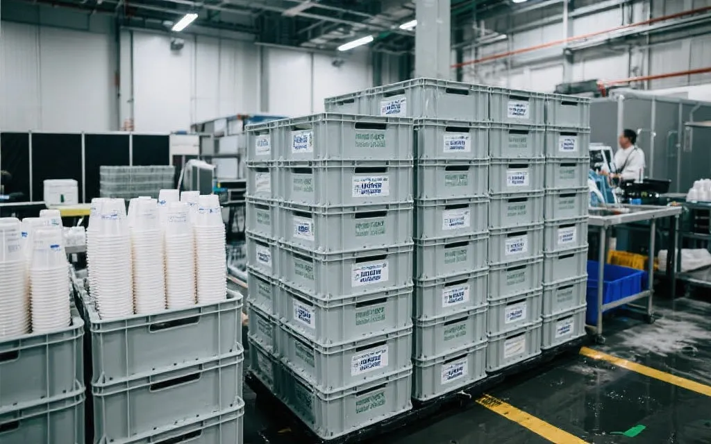 赛事后台物料周转箱与可复用杯回收周转流程示意，整洁有序