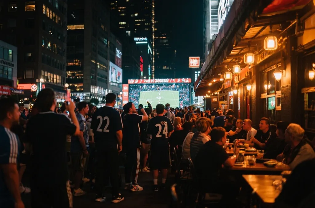 夜晚球迷聚集在城市街区观看比赛后的热闹场景